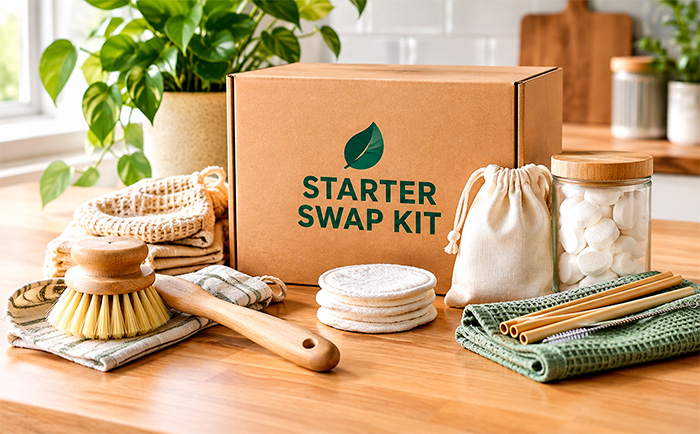 Starter Swap Kit: kraft box with laundry sheets, bamboo toothbrushes, detergent and brush, next to a filter pitcher