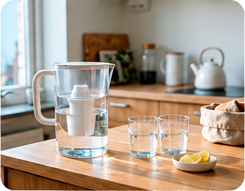 Water filter pitcher with glasses of water on a kitchen counter