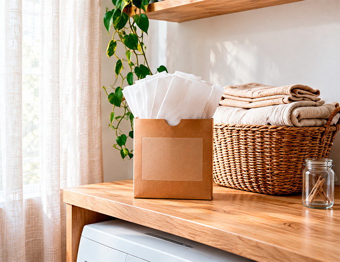 Laundry sheets in a kraft box on a shelf