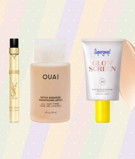 Mini beauty products from Charlotte Tilbury, Yves Saint Laurent, Ouai, Supergoop! and L’Occitane displayed against a pastel striped background.